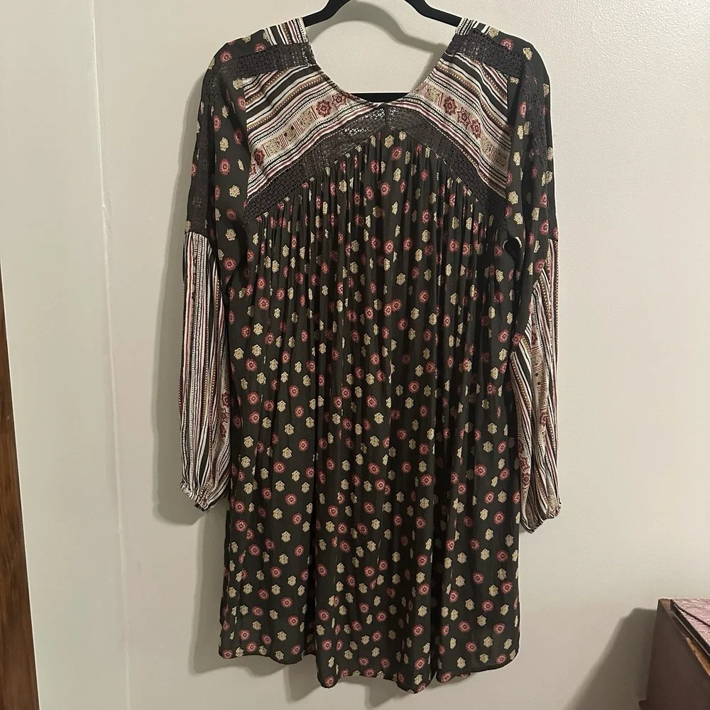 Free People Rain or Shine Lace Up Boho Peasant Swing‎ Long Sleeve Dress Size S